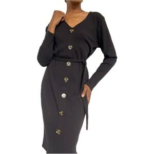NO BOUNDARIES LONG SLEEVE BLACK RIBBED BUTTON DOWN MIDI DRESS W/TIE BELT